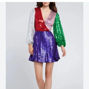 Alice + Olivia Blaze Multicolor Sequinned Blouson‎ Sleeve Mini Dress size 6